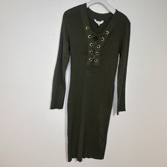 NOBO Lace Up Sweater Dress Olive Green Rib Knit Bodycon Large - Picture 2 of 8